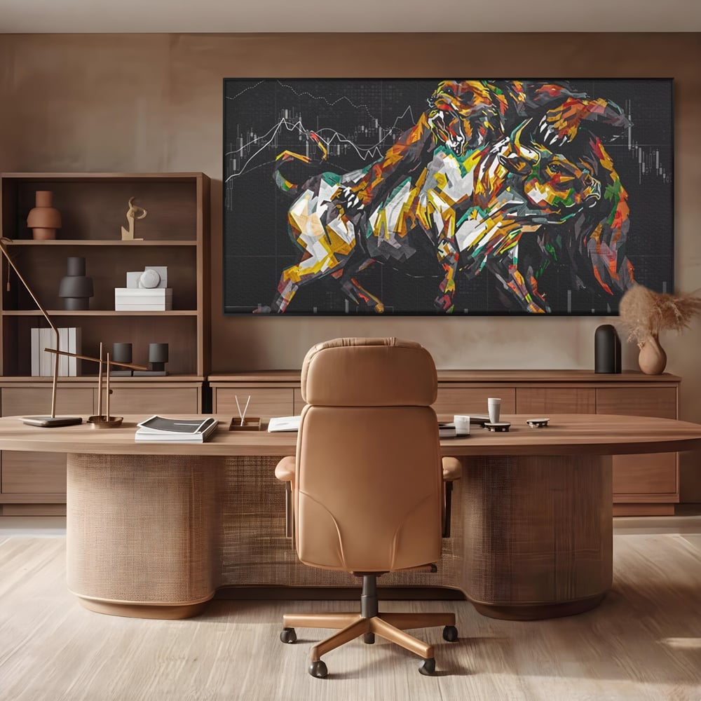 Tablou canvas cu tablou canvas cu taur si urs, in rama de aluminiu negru, pe perete intr-un birou